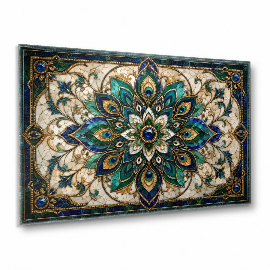 A blooming floral mandala glass wall art piece mounted above a white linen sofa in a bright, modern living room.