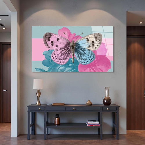 Butterfly on a pink and blue floral background