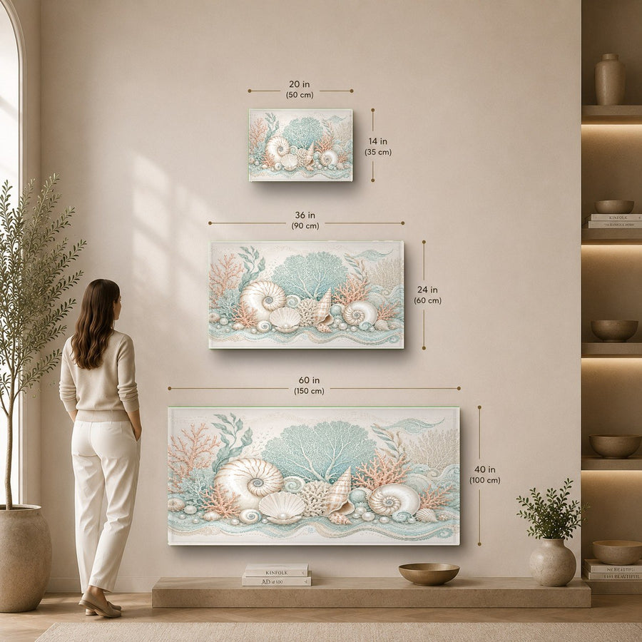 Minimalist entryway decorated with Coastal Shell Glass Wall Art and console table