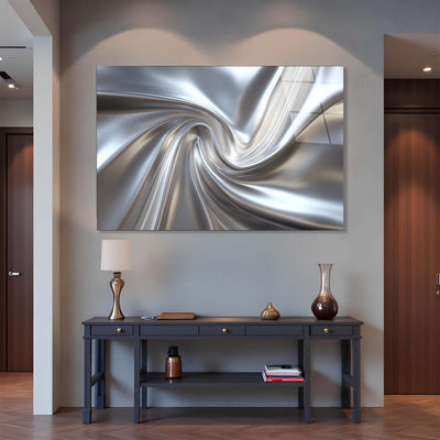 Abstract Silver Swirl Tempered Glass Wall Art | Modern Metallic Decor