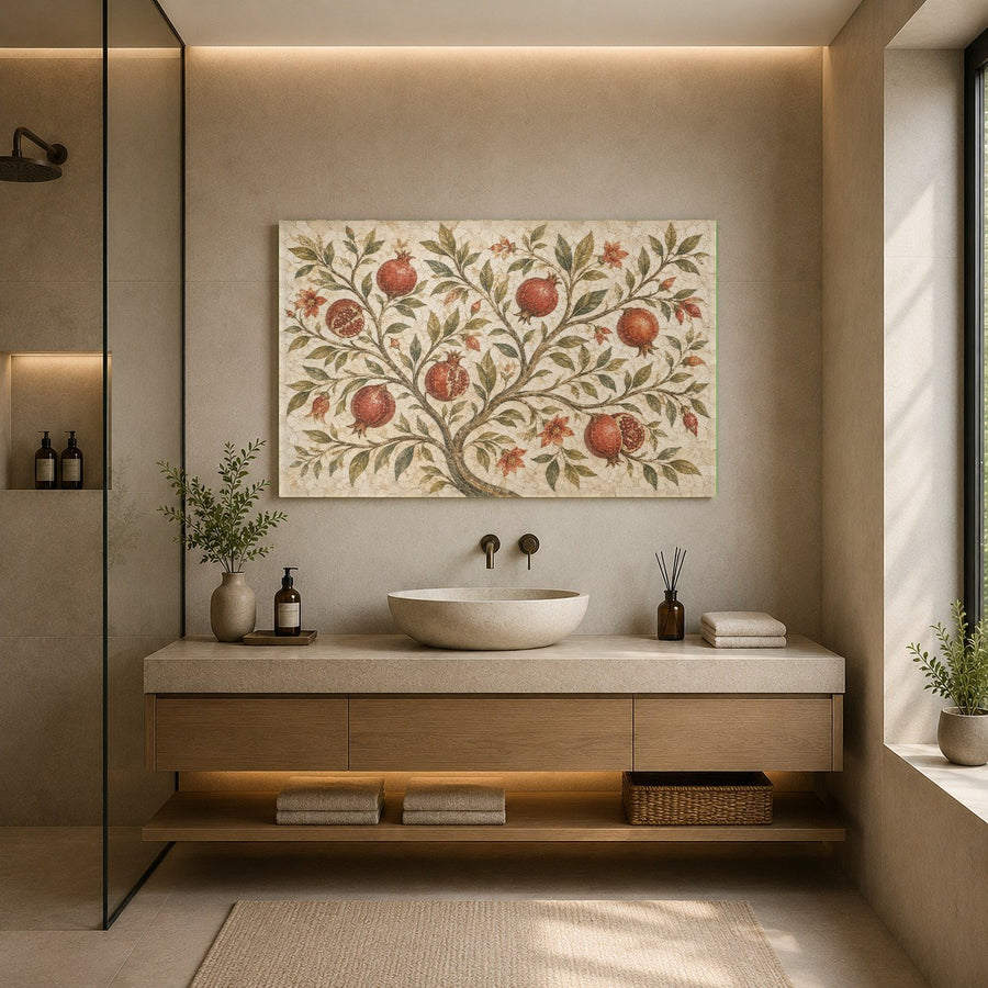 Angled view of the frameless Pomegranate Garden glass art showing the sleek aluminum float frame on a bedroom wall.