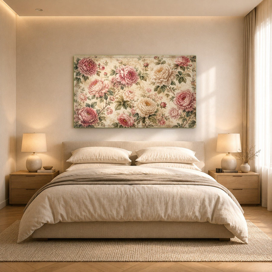 Detailed shot of the glossy, reflective surface of a rose floral glass art piece in a bright hallway.
