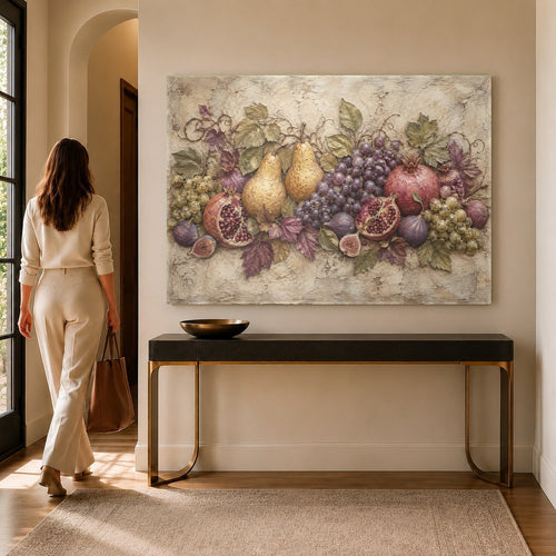 Vibrant fruit glass wall art hanging in a bright modern kitchen interior