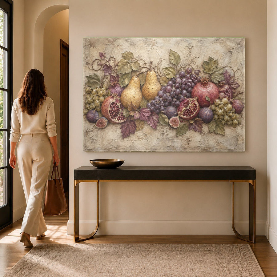 Fresh citrus tempered glass print displayed above a wooden dining room table