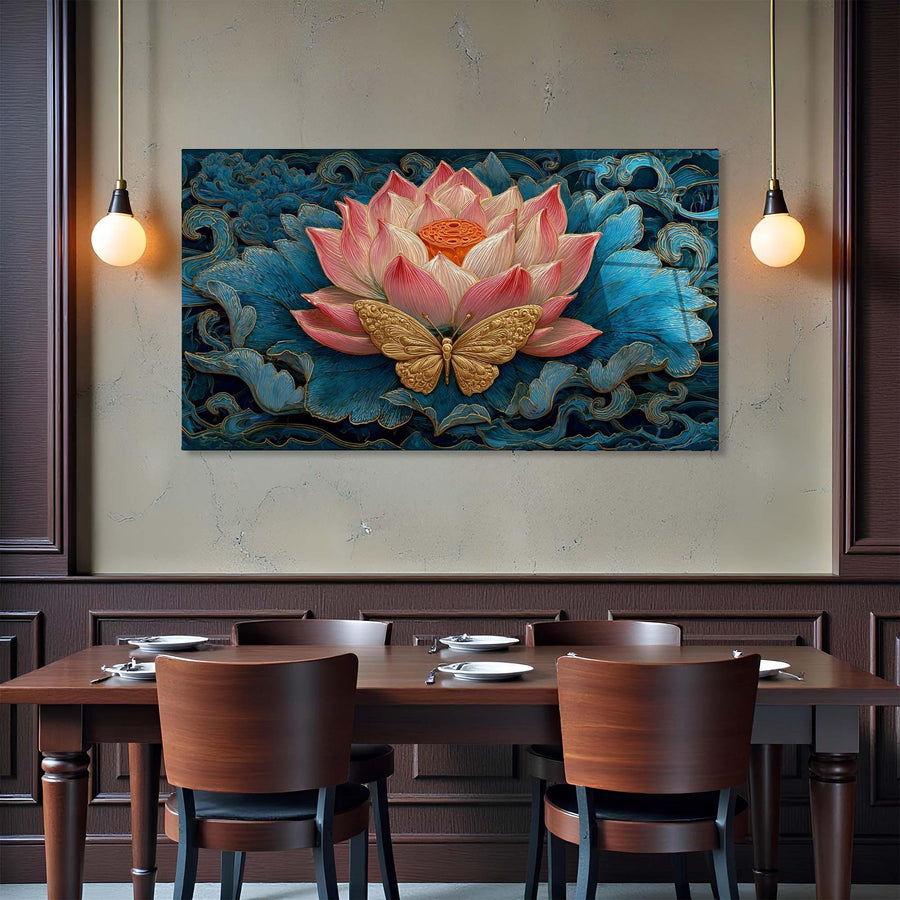 Dining room with a large wall art piece featuring a pink lotus flower and gold butterfly.