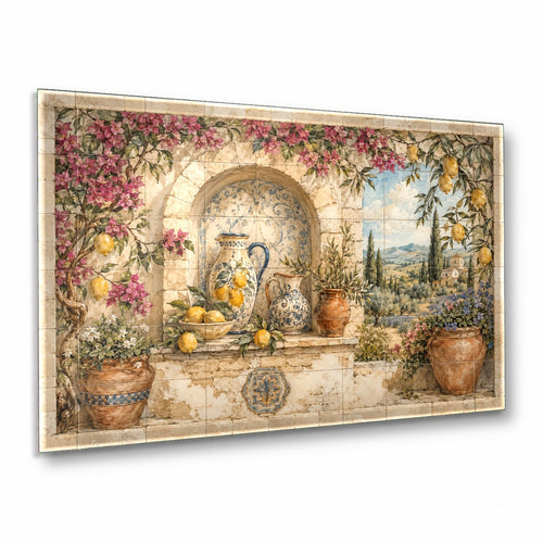 Vibrant lemon fruit glass wall art hanging in a bright, modern white kitchen above a marble countertop.