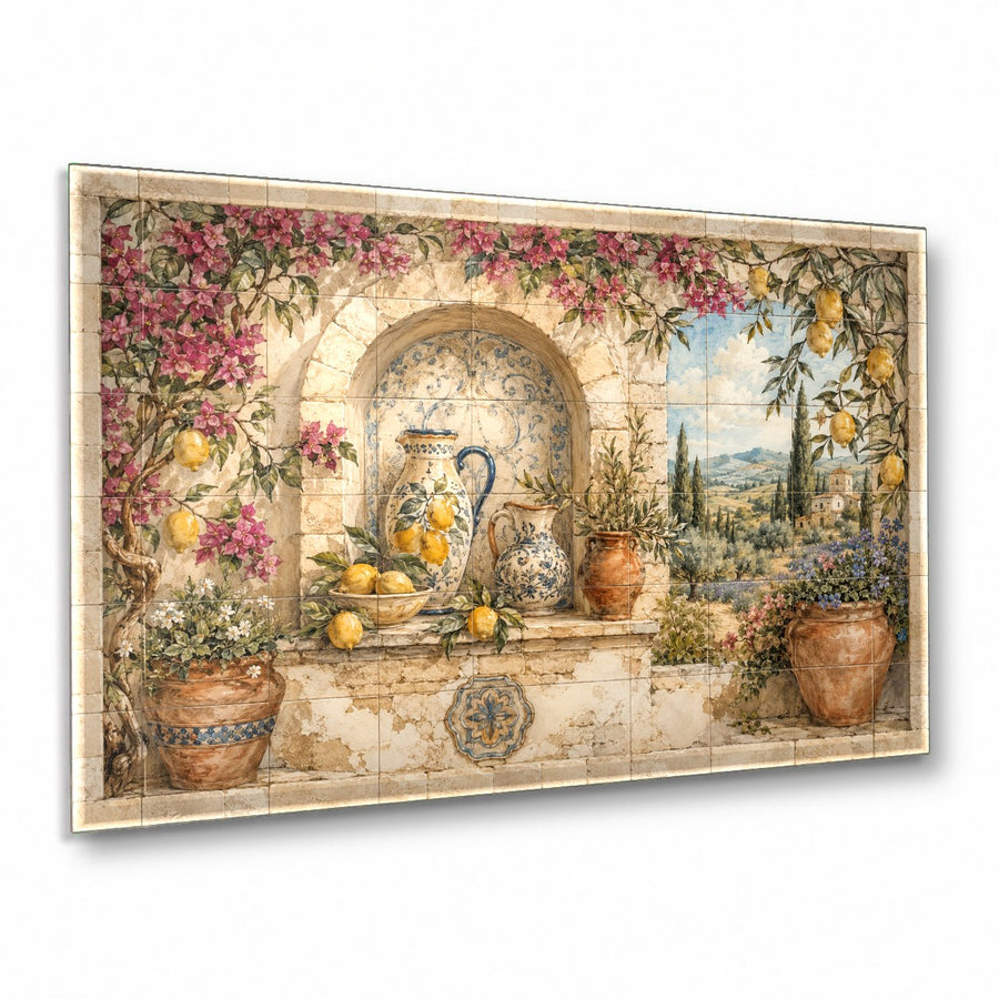 Vibrant lemon fruit glass wall art hanging in a bright, modern white kitchen above a marble countertop.
