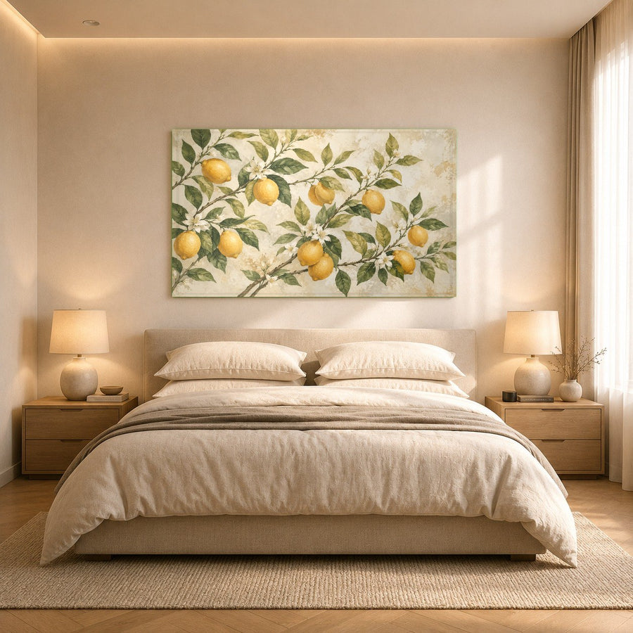 Angled view of a botanical lemon grove glass panel highlighting the frameless floating mount in a bedroom.