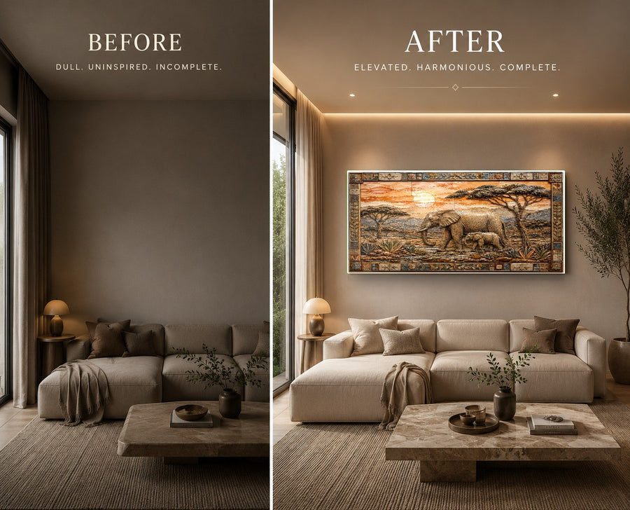 Large elephant family glass wall decor centered on a rustic wood accent wall in an office