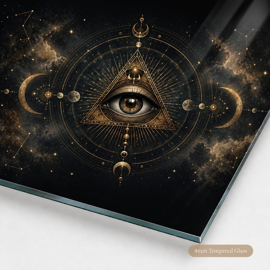 A square glass art print or panel featuring a mystical all-seeing eye inside a golden triangle, surrounded by celestial circles, moons, stars, and cosmic clouds on a black background. The glass edge is visible at the bottom left, with a small label reading 4mm Tempered Glass.