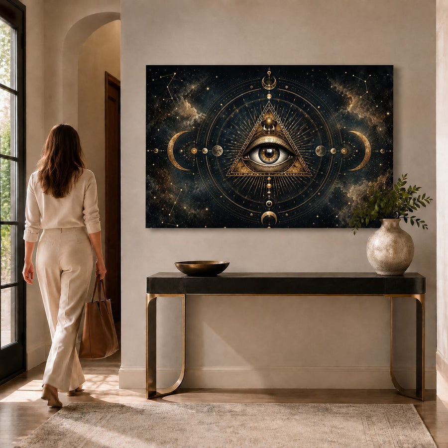 A woman in a cream outfit walks past a console table toward a large wall art piece showing a golden eye inside an all-seeing triangle with celestial symbols on a dark cosmic background. The room has beige walls, a black-and-gold console table, a vase with greenery, and a rug.