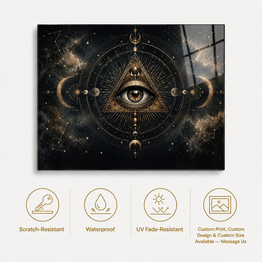 A rectangular wall art print or canvas featuring a dark cosmic design with a central eye inside a triangle, surrounded by moon phases and celestial line art. Below the artwork are four gold-outlined feature icons reading Scratch-Resistant, Waterproof, UV Fade-Resistant, and Custom Print / Custom Design / Custom Size Available — Message Us.