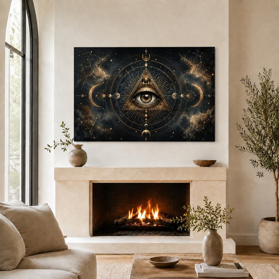 A large rectangular wall art print hanging above a fireplace in a styled living room. The artwork shows a glowing human eye centered within a triangular pyramid, surrounded by celestial rings, planets, and a dark starry cosmic background.