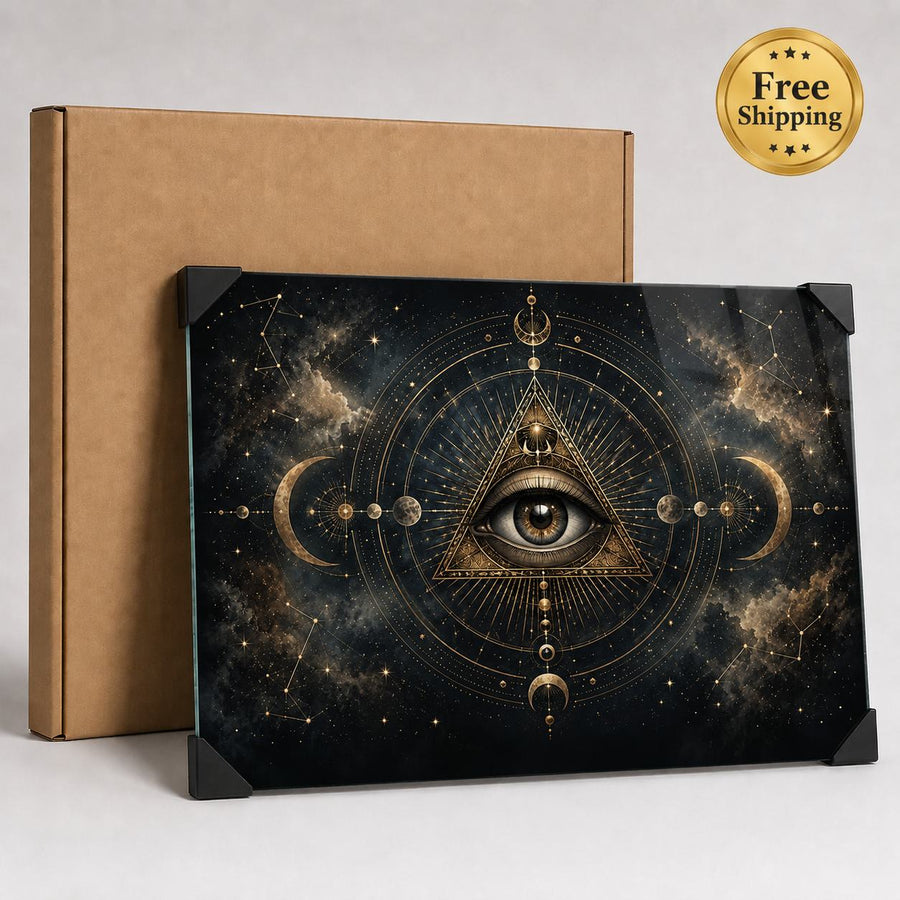 A rectangular art print or canvas with black corner protectors, featuring a mystical all-seeing eye design in gold and black against a starry cosmic background. A brown cardboard box is positioned behind it on a light gray background, and a gold 'Free Shipping' badge is in the top right corner.