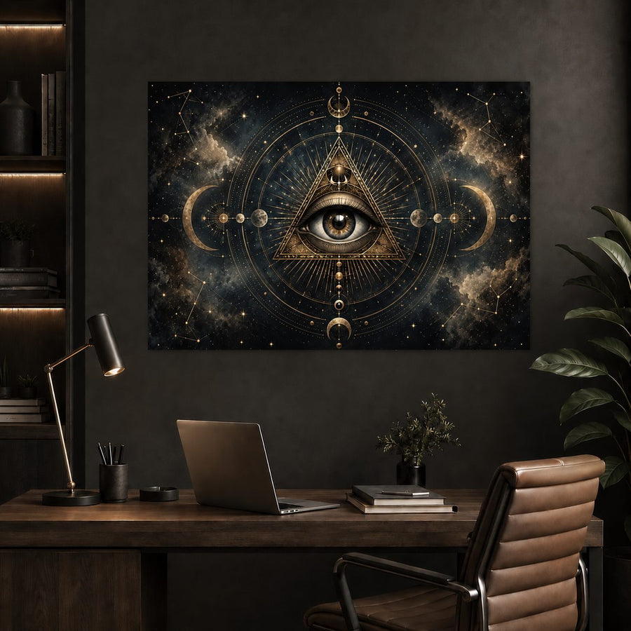A large rectangular wall art print featuring a golden all-seeing eye within a triangle, surrounded by moon phases and celestial patterns on a dark cosmic background, displayed above a wooden desk in a modern home office setting.