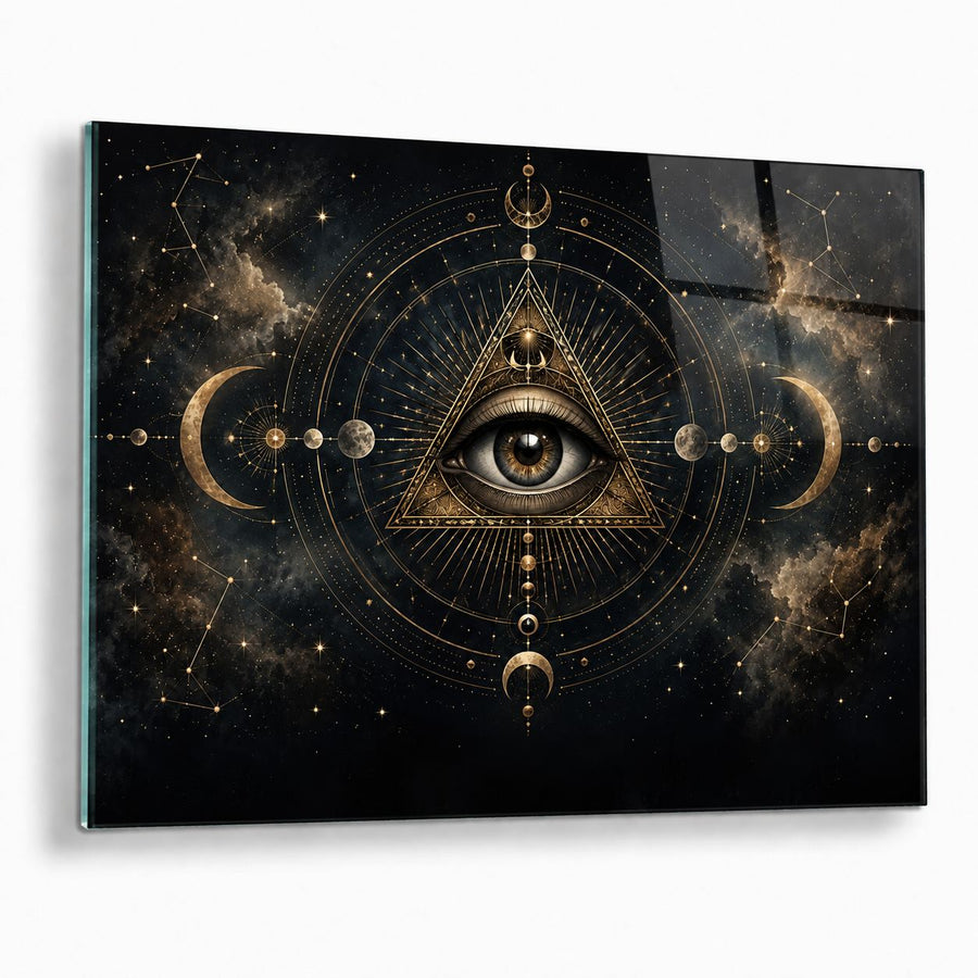 A square wall art print or canvas featuring a black cosmic background with a central gold triangle containing an eye, surrounded by moon phases, planets, stars, and constellation lines.