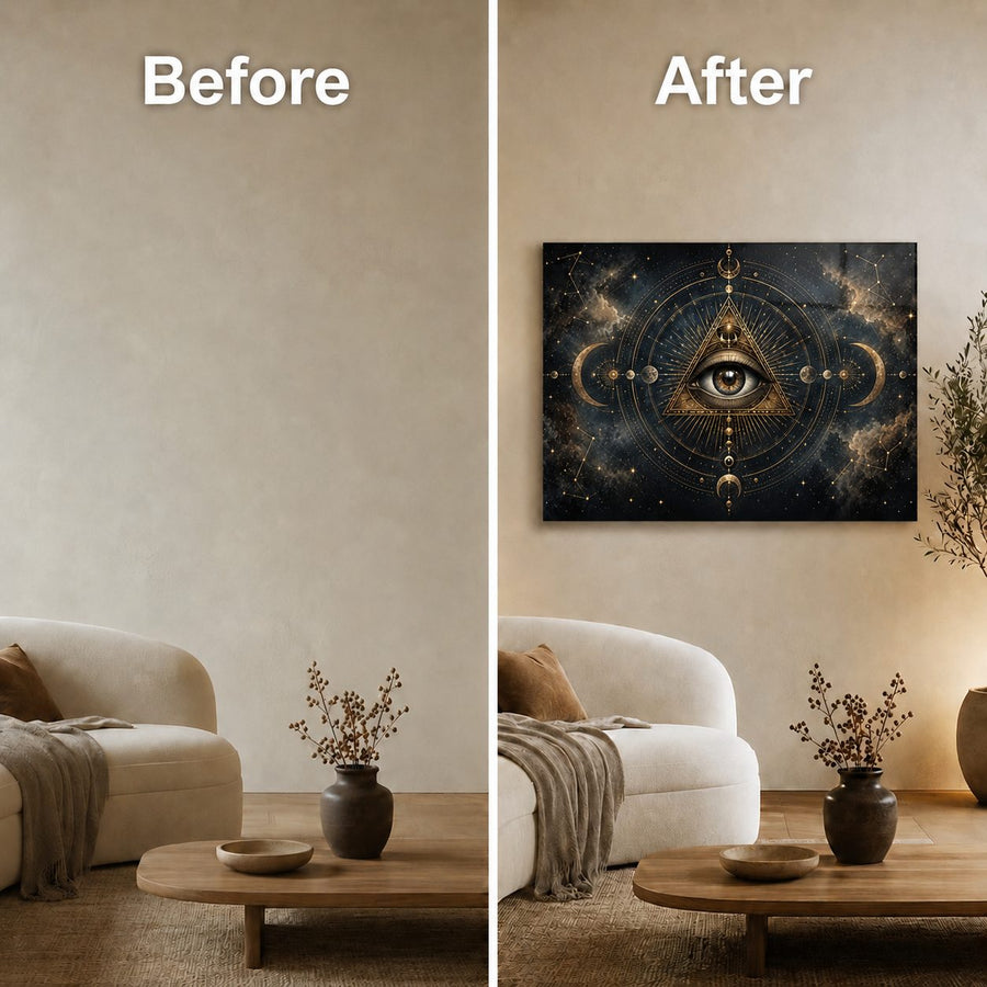 A split-screen before and after comparison showing a living room wall. The left side labeled 'Before' is mostly blank beige wall with a sofa and table below.