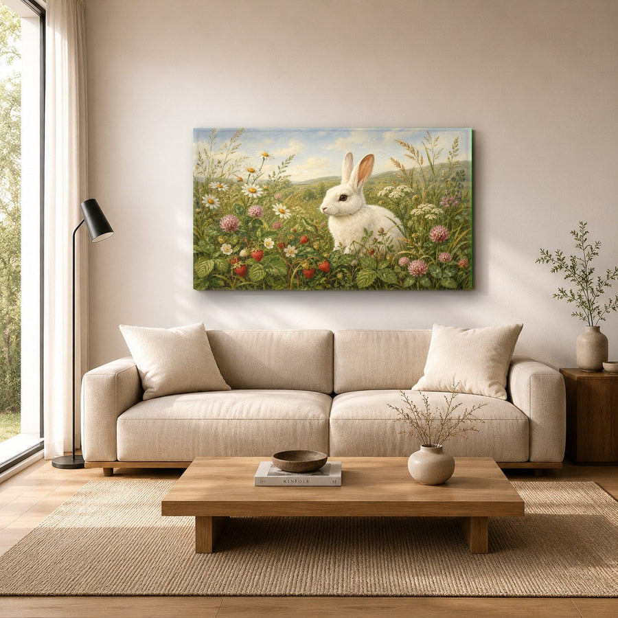 Close-up angle of White Rabbit glass wall decor highlighting its high-gloss finish