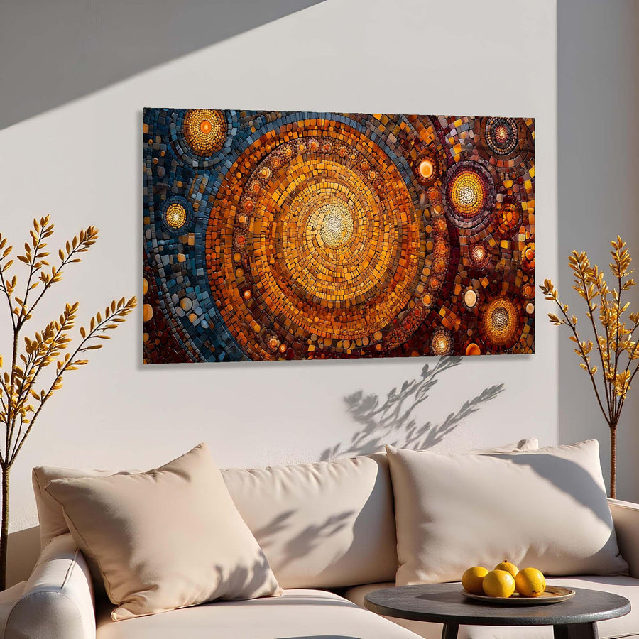 Decorative circular artwork on a wall above a sofa with decorative elements.