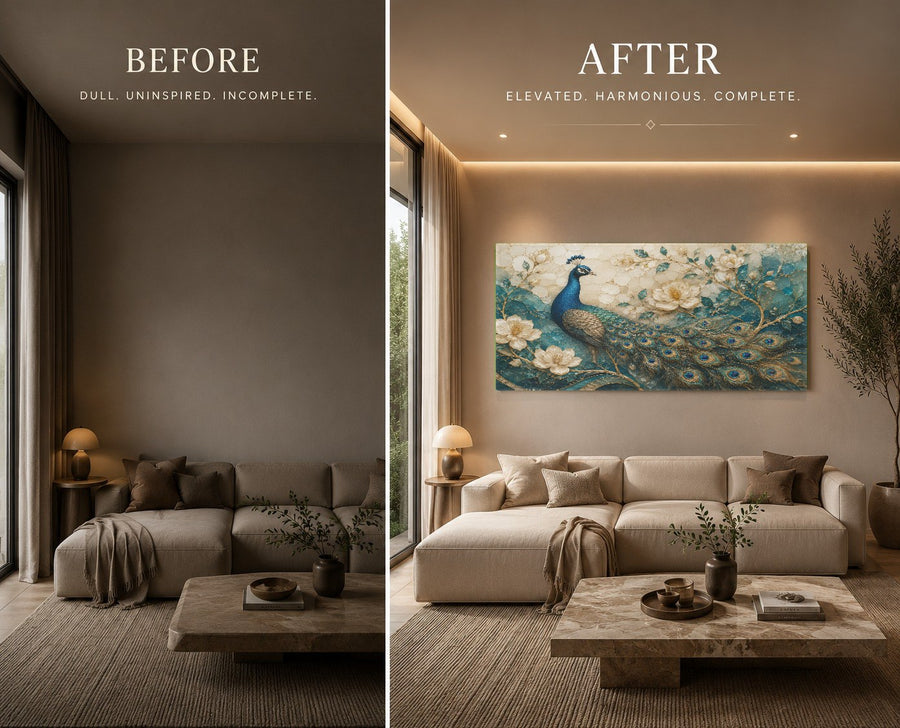 Elegant peacock glass print displayed in a luxurious hotel lobby with marble flooring and warm lighting.