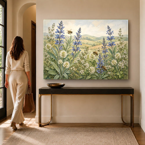 Wild Flowers Garden glass wall art displayed above a modern beige living room sofa