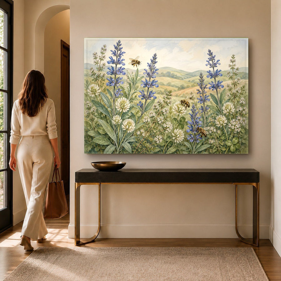 Botanical tempered glass print hanging in a bright, plant-filled sunroom
