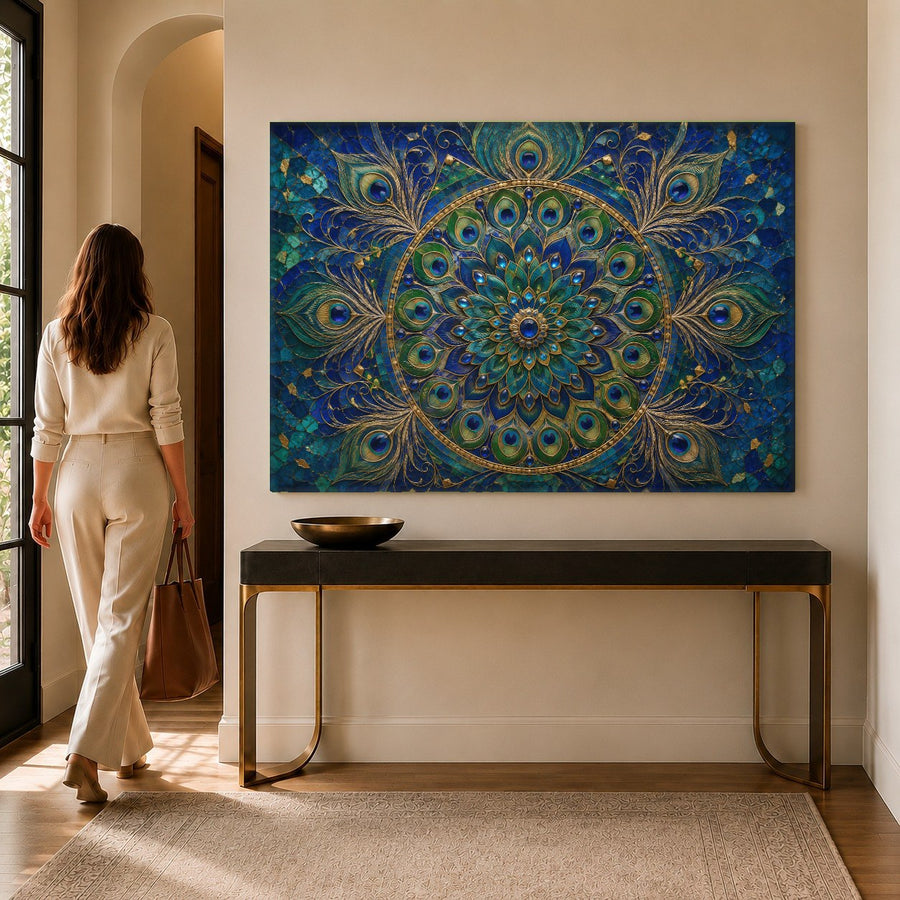 Close-up of a vibrant Peacock Mandala glass print showing the detailed gold and blue patterns in a sunlit bedroom.