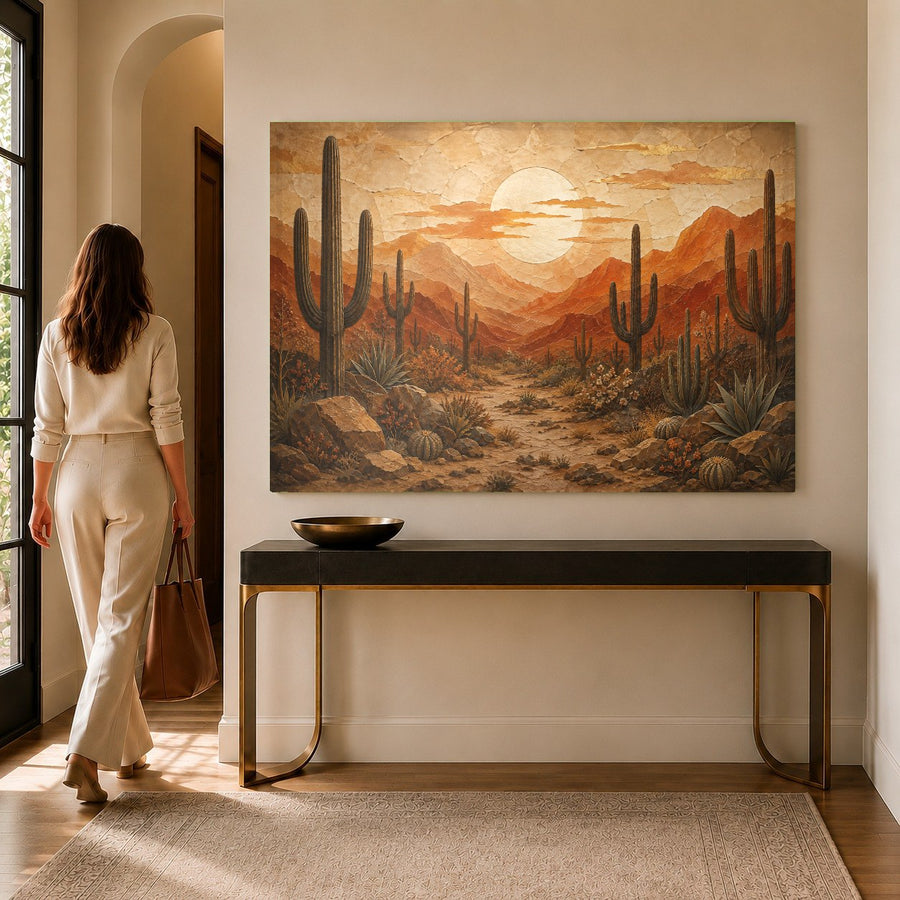 Warm orange and purple desert landscape glass print styled over a minimalist queen bed in a cozy bedroom.
