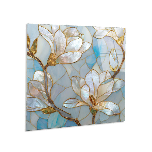 Decorative panel with floral design in white, gold, and blue on a light gray background