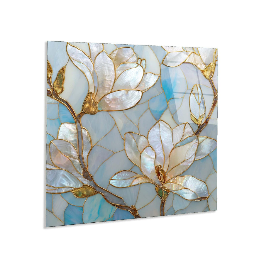 Decorative panel with floral design in white, gold, and blue on a light gray background
