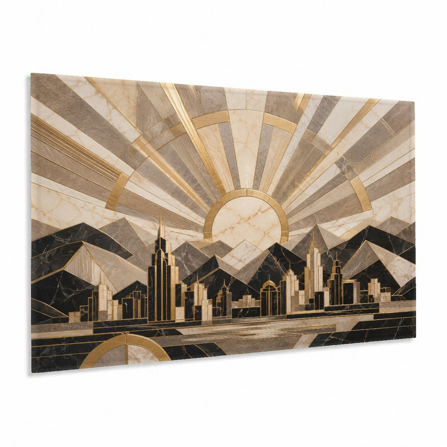 Deco Horizon glass wall art hanging above a modern beige sofa in a sunlit living room.