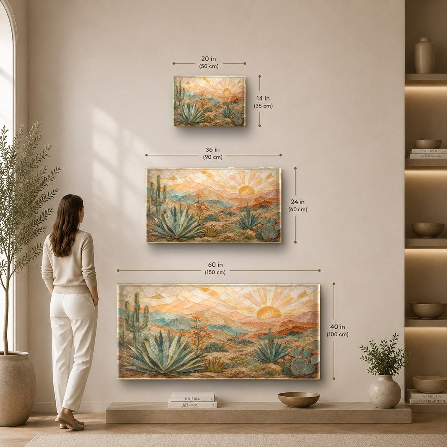 Modern hallway gallery display featuring the Western Sunrise Glass Wall Art in a medium size format