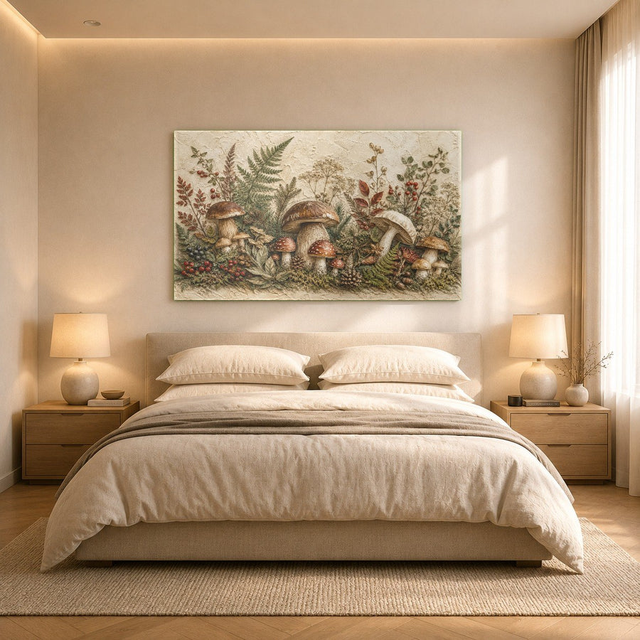 Mushroom garden tempered glass print featured in a tranquil spa relaxation room