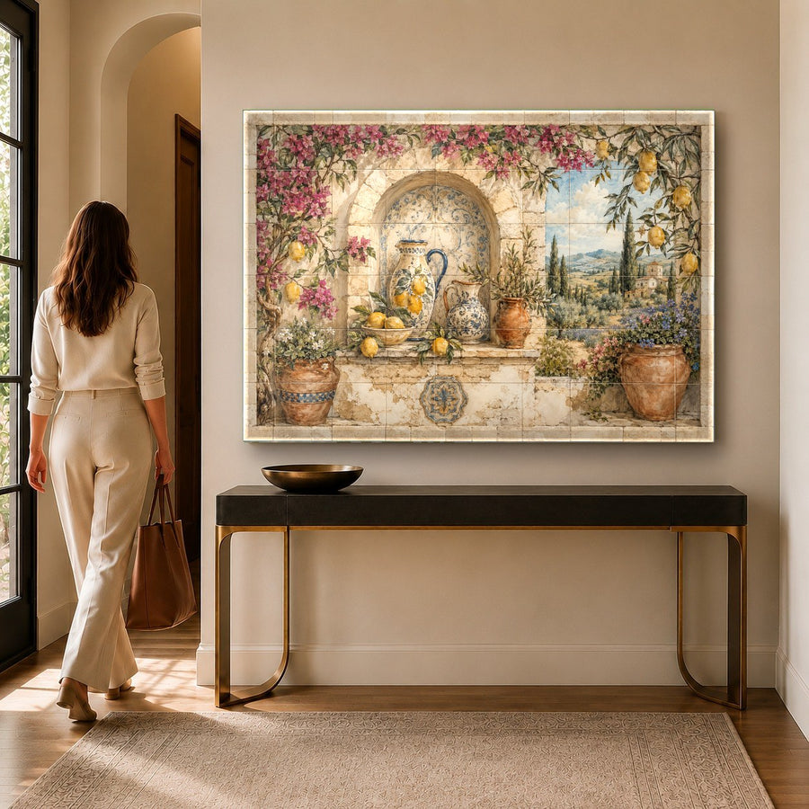 A cozy dining room featuring Mediterranean-style citrus glass wall art mounted on a rustic brick wall.