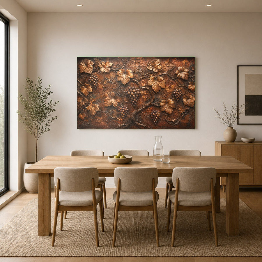 Elegant Bronze Vineyard wall art mounted above a leather sofa in a contemporary wine tasting room.