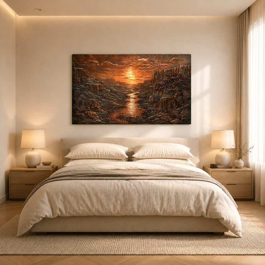 Vibrant orange and gold Copper Canyon glass print hanging in a chic mid-century modern living room setup.