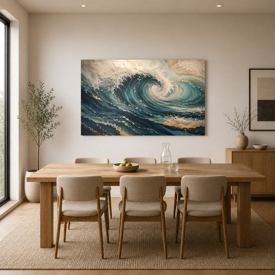 Ocean waves tempered glass art reflecting soft ambient light in a luxury spa reception area.