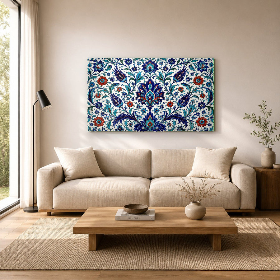 Close-up of high-gloss Iznik tile art on tempered glass showcasing the intricate floral and geometric details.