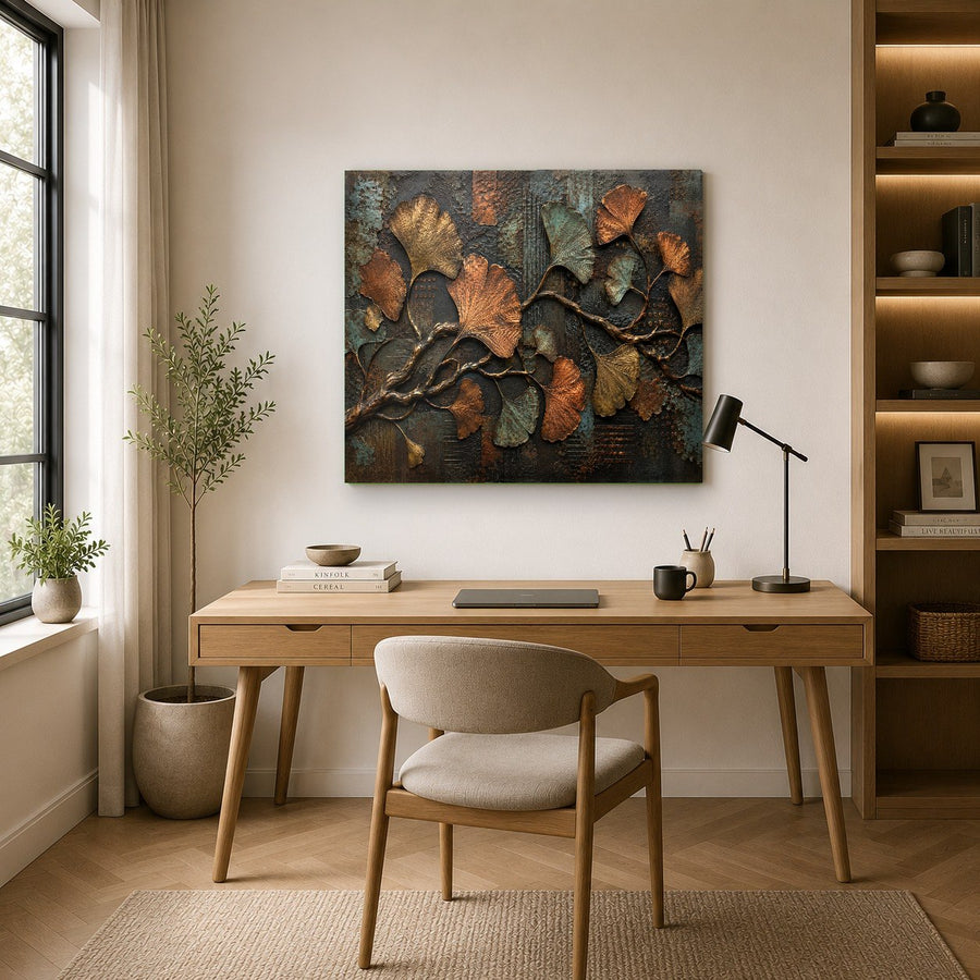 Modern ginkgo leaf glass wall art featured in a high-end spa relaxation room