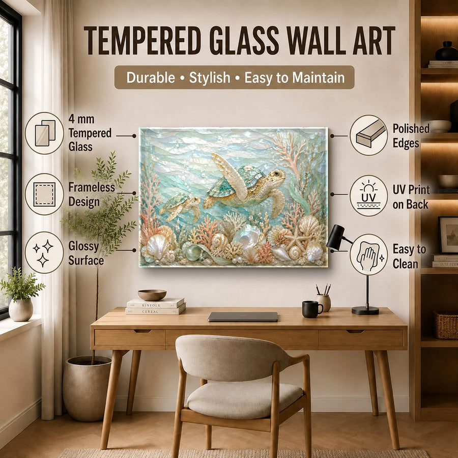Large ocean turtle glass art piece hanging in a luxury vacation rental dining room