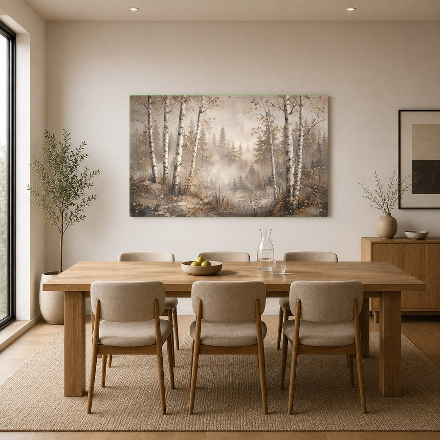 Close-up angle showing the high-gloss surface and aluminum frame of the birch forest wall art