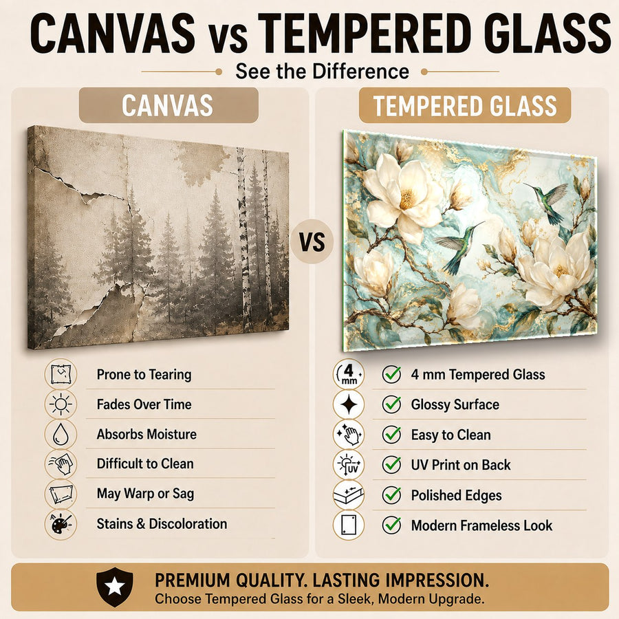 Colorful bird-themed glass art displayed in a minimalist hotel lobby above a sleek console table.