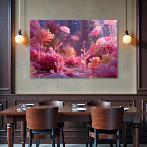 Underwater scene with pink jellyfish and flowers on a white background