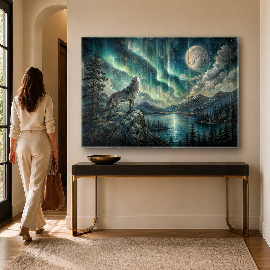 Tempered glass wildlife wall print featuring a wolf under northern lights in a cozy bedroom