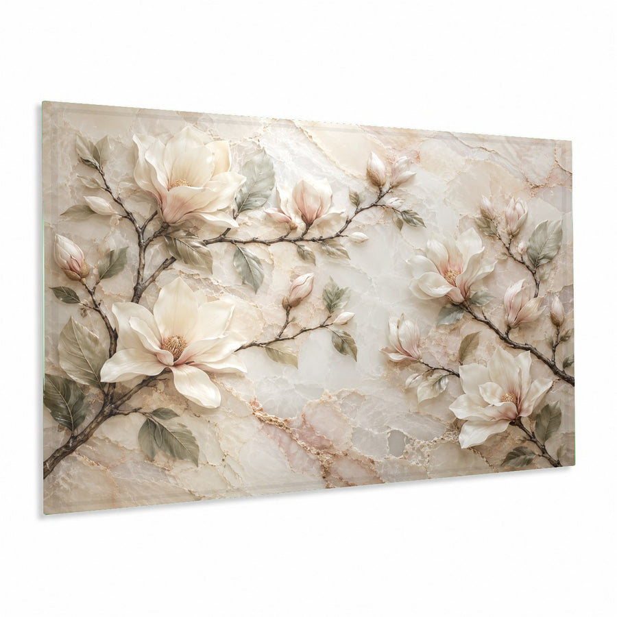 Magnolia Marble Glass Wall Art hanging above a modern neutral sofa in a bright living room