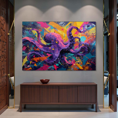 Colorful abstract painting of an octopus with vibrant colors on a white background