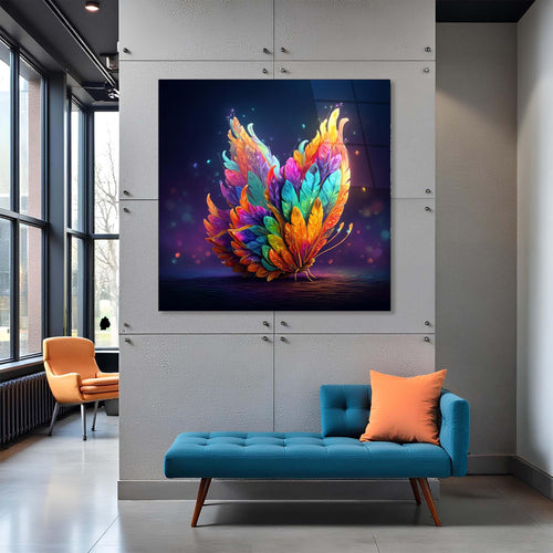 Colorful feather-like design on a dark background