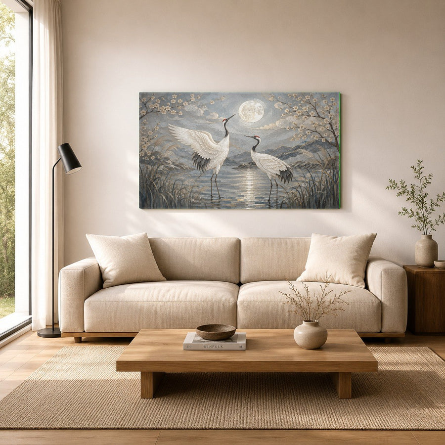 Contemporary living room wall decorated with a large Moonlit Heron glass print above a sleek credenza.