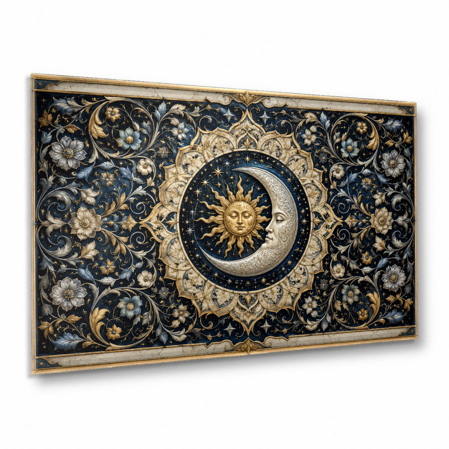 Moon and Sun Dance glass wall art hanging above a modern beige sofa in a brightly lit bohemian living room.