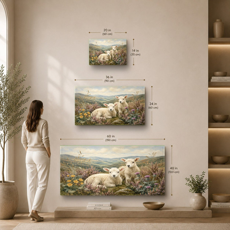Farmhouse wall art featuring lambs displayed in a sunlit dining room setting